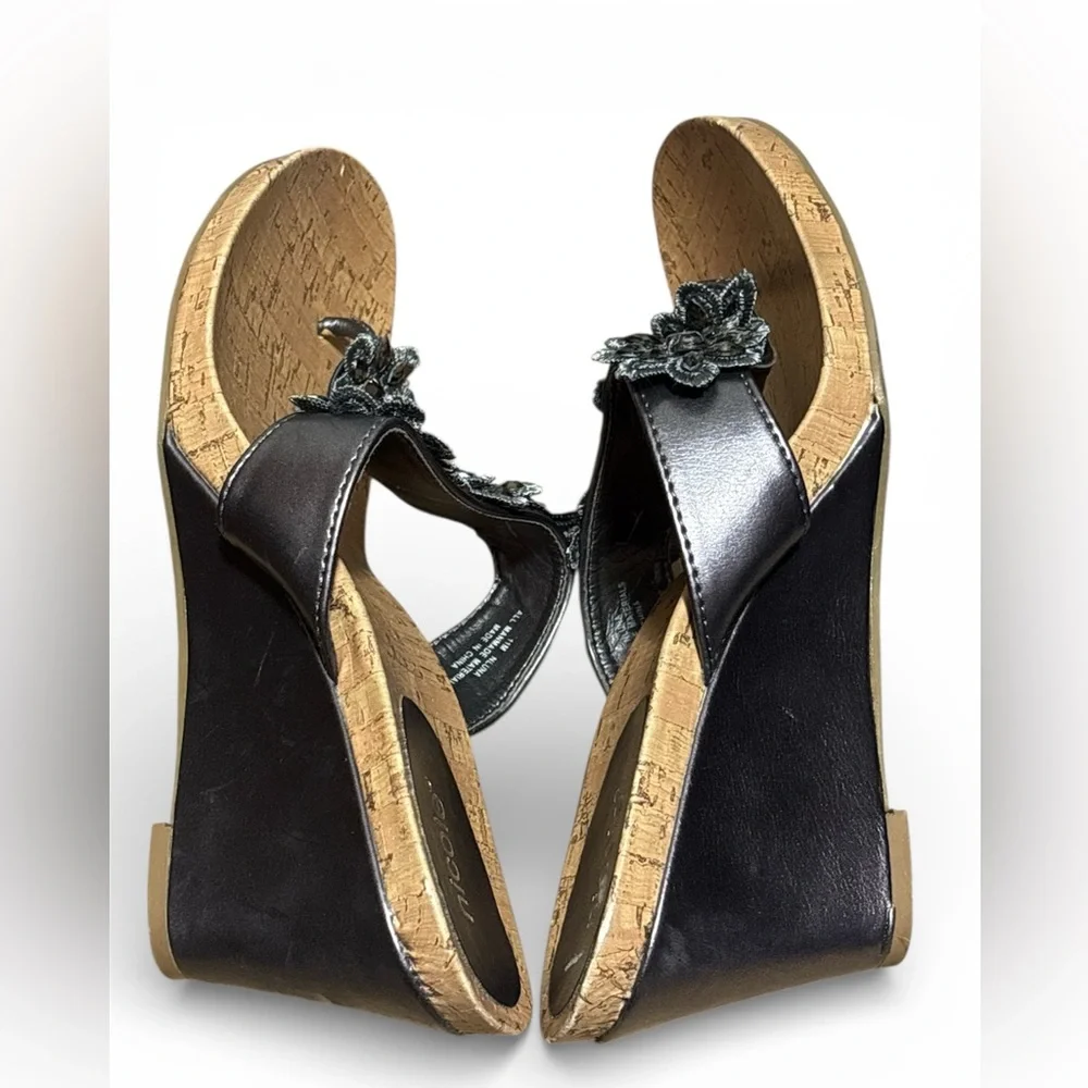 NICOLE Pewter Floral T-strap Wedge Sandals with a Cork Sole